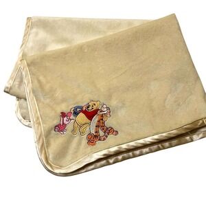 Disney Winnie the Pooh Baby Blanket Tigger Piglet Applique Yellow Satin Velour